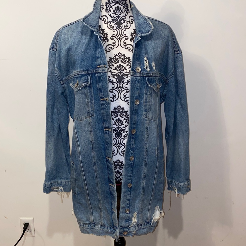 New! COSTES Blue European Made Long Distressed Denim Jacket for Women Size Large - Picture 2 of 16